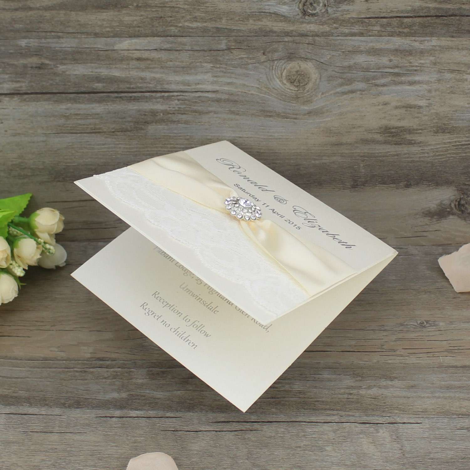 Square Lace Wedding Card with Buckle Decoration Invitation Card Customized 